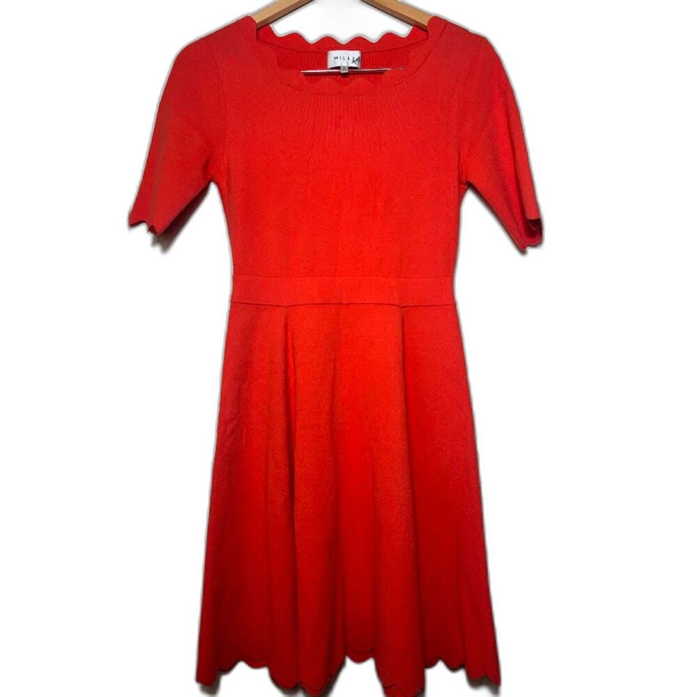 Milly Scallop Edge Fit Flare Orange Knit Skater Dress Size Small Ballerina
